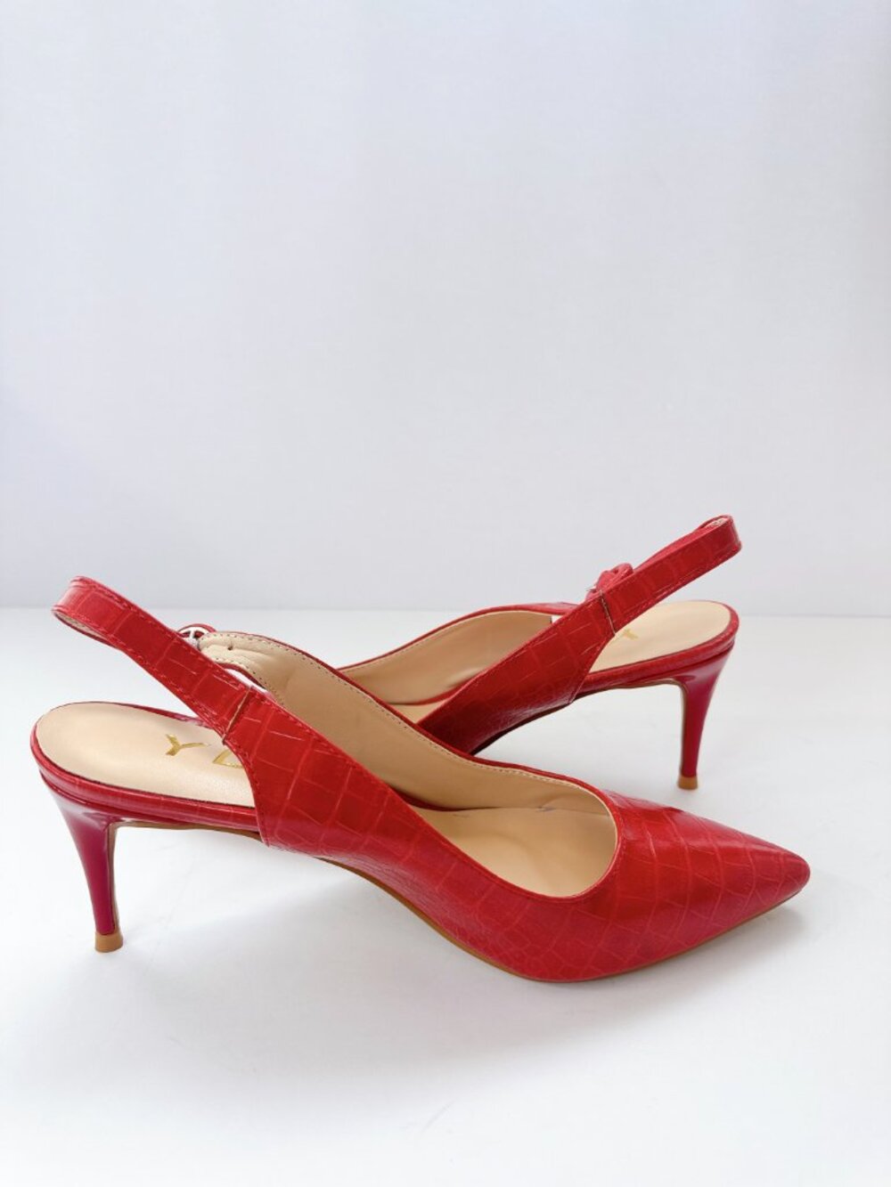 Size 8.5 Red Croc Embossed Slingback Heels Pointed Toe Elegant Pumps YDN - Picture 7 of 13